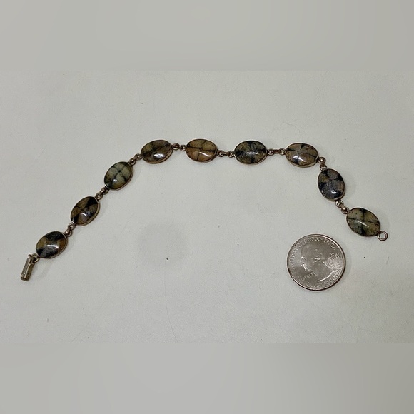 Victorian Era Antique Silver Encased Polished Stone Vintage Link Bracelet - Picture 9 of 15